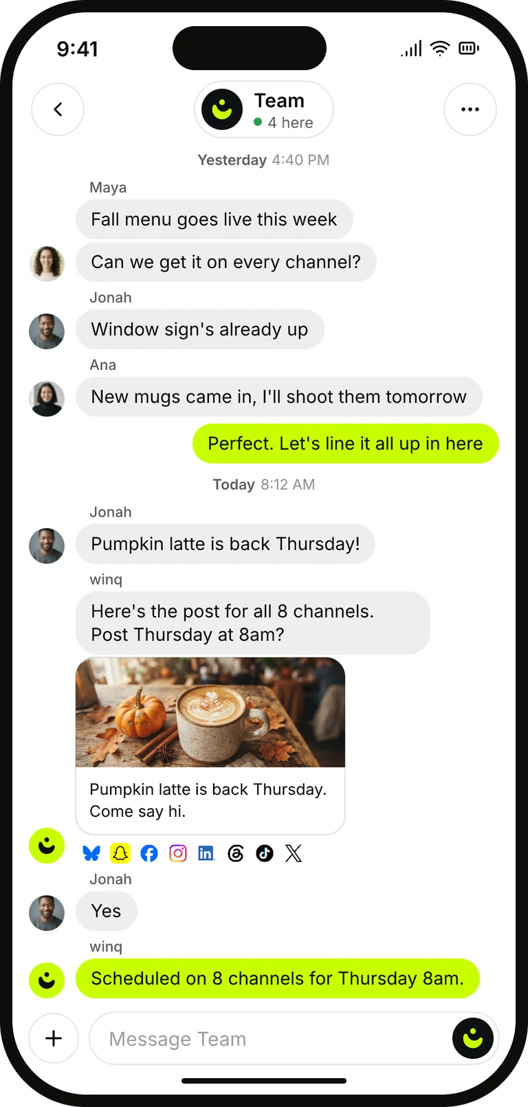 The winq Team chat on a phone: winq drafts a post for all 8 channels and schedules it for Thursday at 8am.